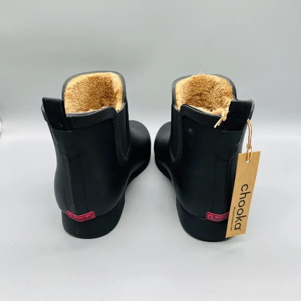 Chooka Boots Womens 10 Black Rubber Ankle Faux Fur Lined Rain Booties Shoes